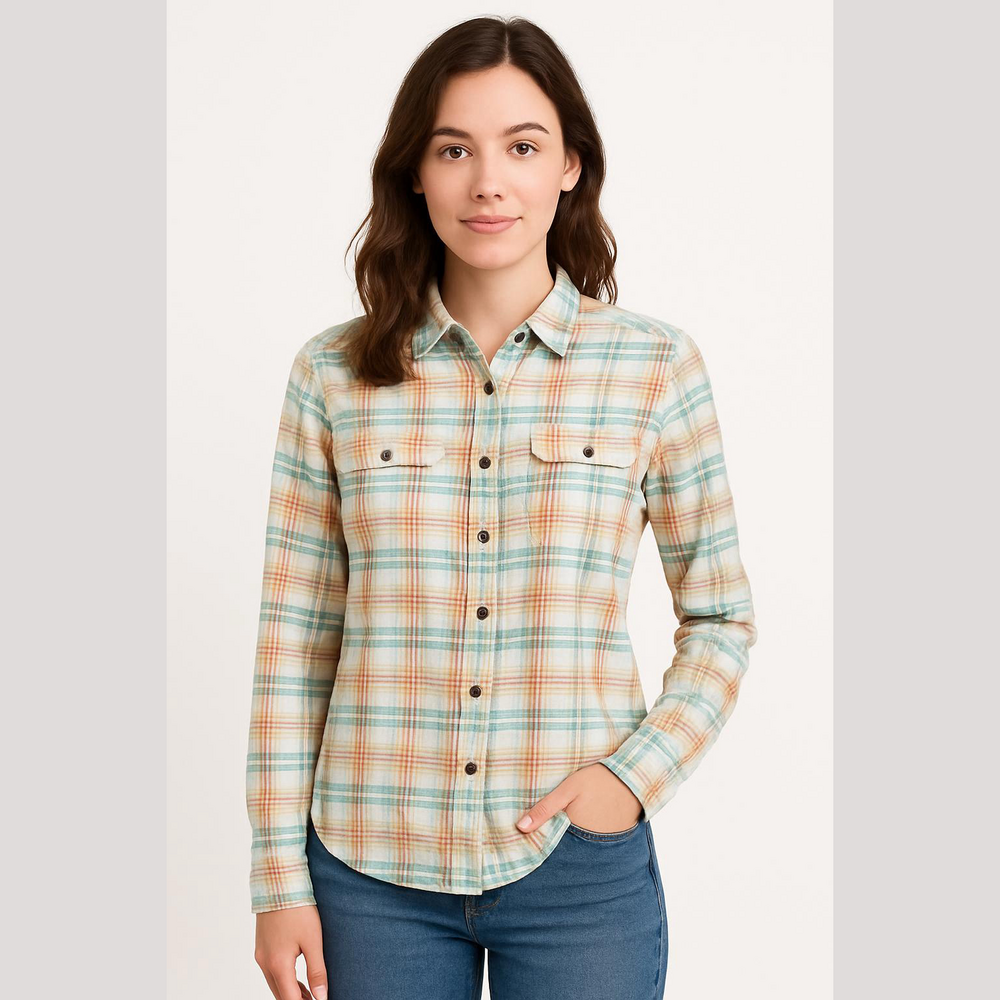 3/$10 Roxy Women's Plaid Button-Down Shirt - Teal, Orange, White